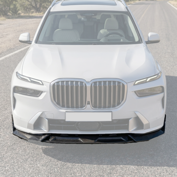Double-layered real carbon fiber front bumper lip installed on a 2023 BMW X7 LCI