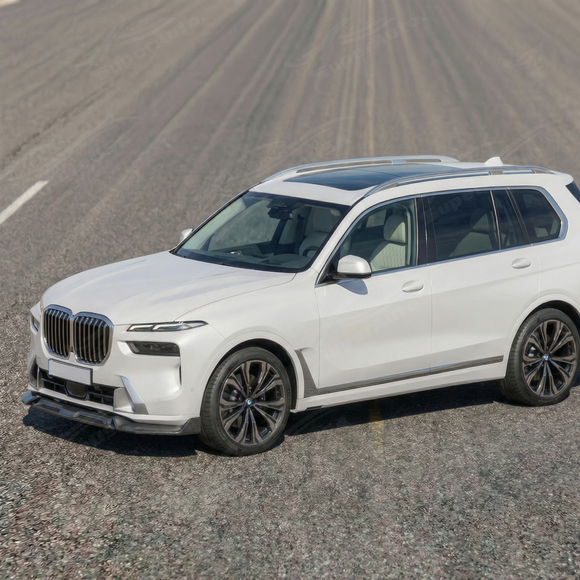 Full 3/4 view of a 2024 BMW X7 M60i featuring the double real carbon fiber lip kit