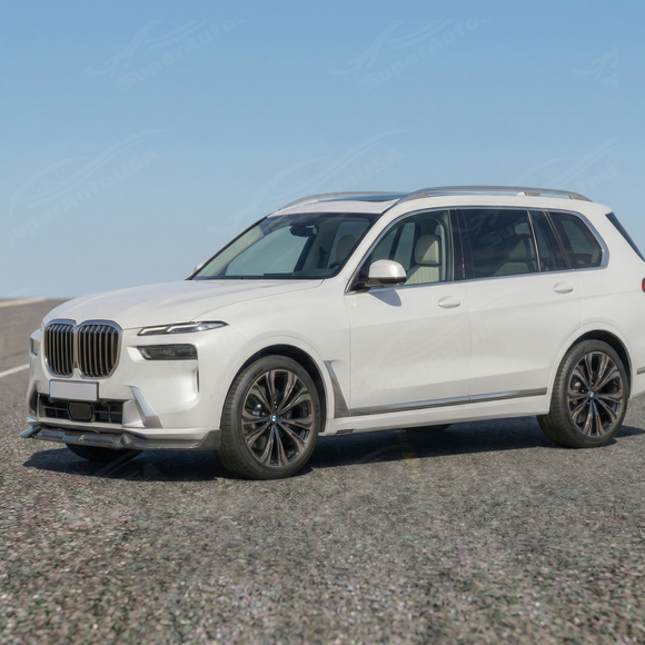 Real carbon fiber double lip providing sharp luxury contrast on a Mineral White BMW X7