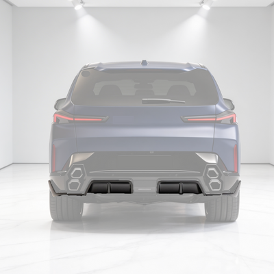 SuperAutoUSA gloss black rear bumper diffuser installed on a 2023 BMW XM G09