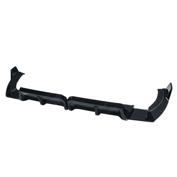 Direct rear view of the SuperAutoUSA aerodynamic gloss black diffuser for 2023-2026 BMW XM