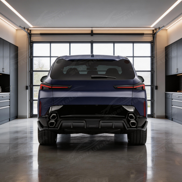 Precision SuperAutoUSA fitment along the geometric rear bumper of a 2024 BMW XM