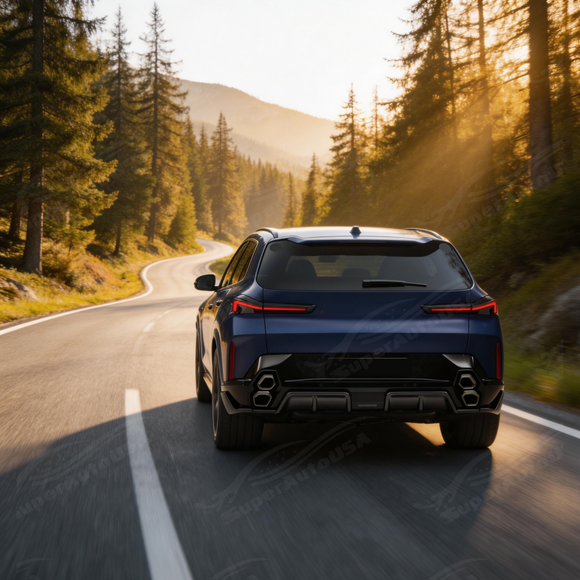 Full rear 3/4 view of a 2025 BMW XM featuring the SuperAutoUSA gloss black diffuser kit