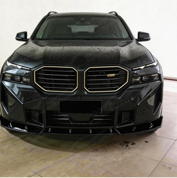 Detailed shot of the UV-resistant high-gloss clear coat on the SuperAutoUSA XM front lip