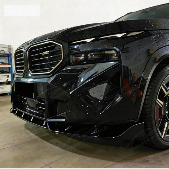 Stealthy high-performance look of the SuperAutoUSA gloss black lip on a Black Sapphire BMW XM