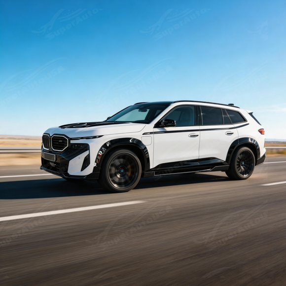 Close-up of the premium mirror-finish gloss black coating on the SuperAutoUSA XM side splitters