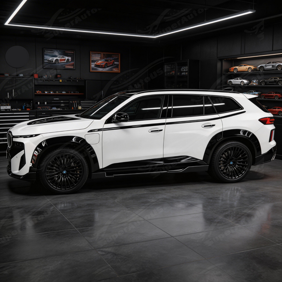 Detailed shot of the UV-resistant high-gloss clear coat on the SuperAutoUSA XM side splitters