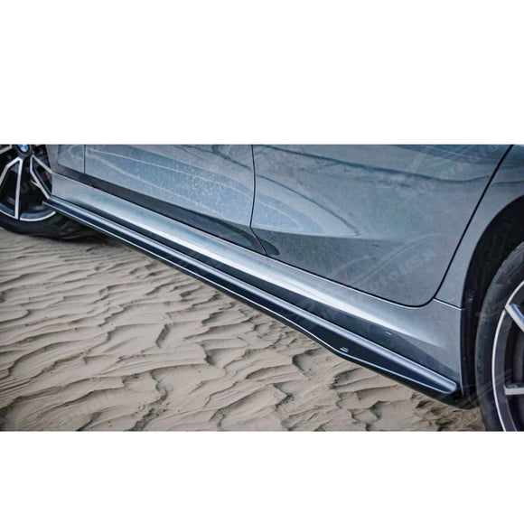 Side body skirt splitter under spoiler for BMW 330e xDrive 19 20 21 22 23 24 25 by SuperAutoUSA.

