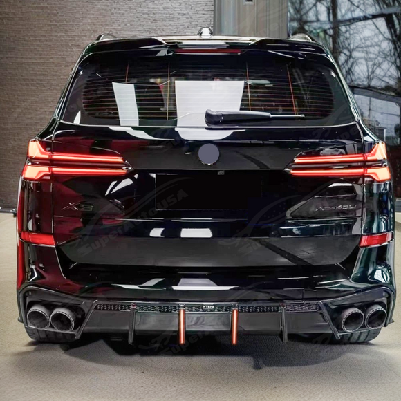 SuperAutoUSA precision-fit rear diffuser bumper lip with LED for 2021 BMW X5.
