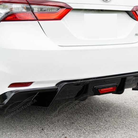 Fit 2019-2026 Toyota Camry Rear Bumper Lower Diffuser Spoiler with LED Light (Carbon Fiber Print)