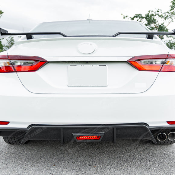 Fit 2019-2026 Toyota Camry Rear Bumper Lower Diffuser Spoiler with LED Light (Carbon Fiber Print)