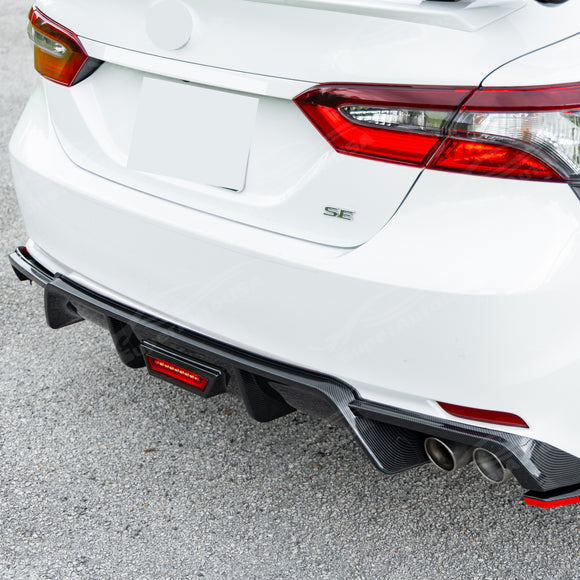 Fit 2019-2026 Toyota Camry Rear Bumper Lower Diffuser Spoiler with LED Light (Carbon Fiber Print)