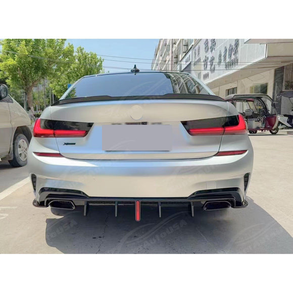 SuperAutoUSA rear bumper lip diffuser with LED light for BMW 330i xDrive 2019-2022 trims.
