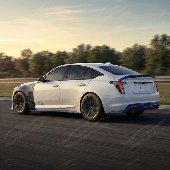 2024 Cadillac CT5 Blackwing in motion highlighting the aerodynamic profile of the carbon trim