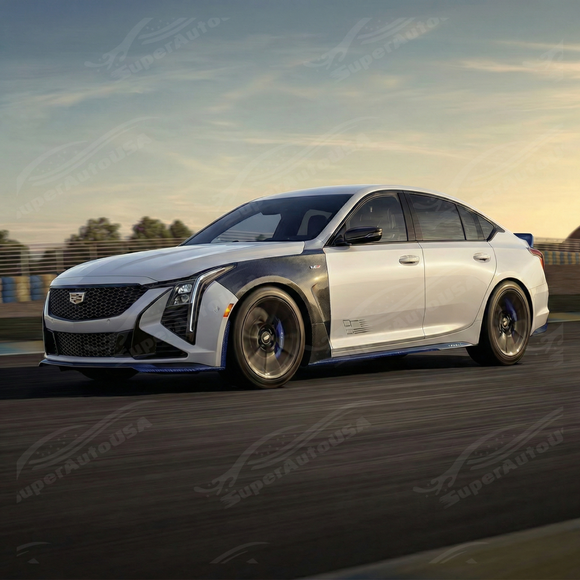 Full side-view perspective of a Cadillac CT5 Blackwing featuring real carbon fiber fender accents