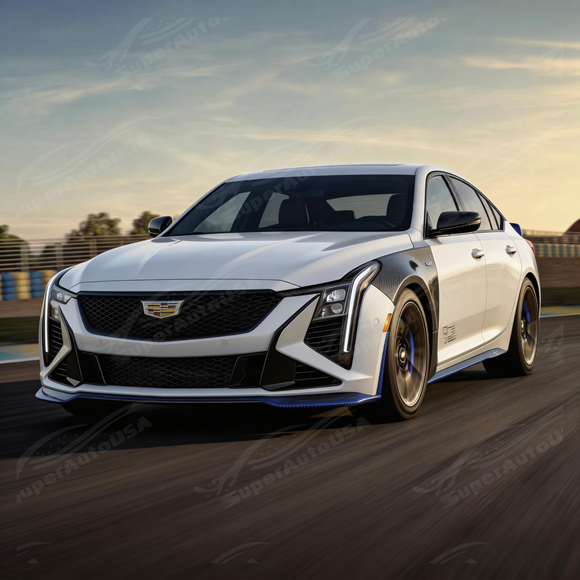 Carbon fiber fender vents providing sharp contrast on a Summit White Cadillac CT5 Blackwing