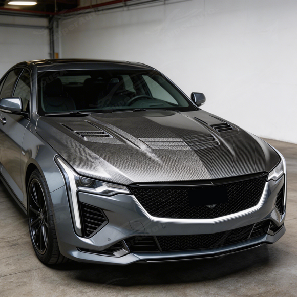 Direct front-facing view of the SuperAutoUSA authentic carbon fiber hood for 2020-2026 Cadillac CT5