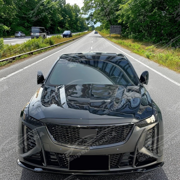 Full front view of a 2021 Cadillac CT5 with new carbon fiber hood panel