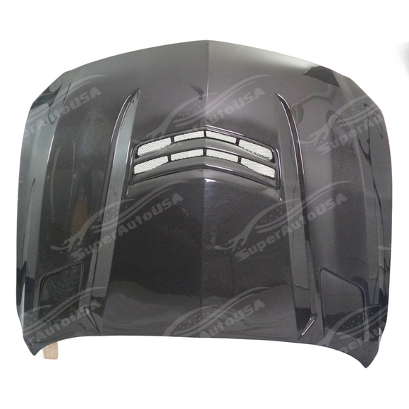 Uninstalled real carbon fiber V style front hood panel, top view