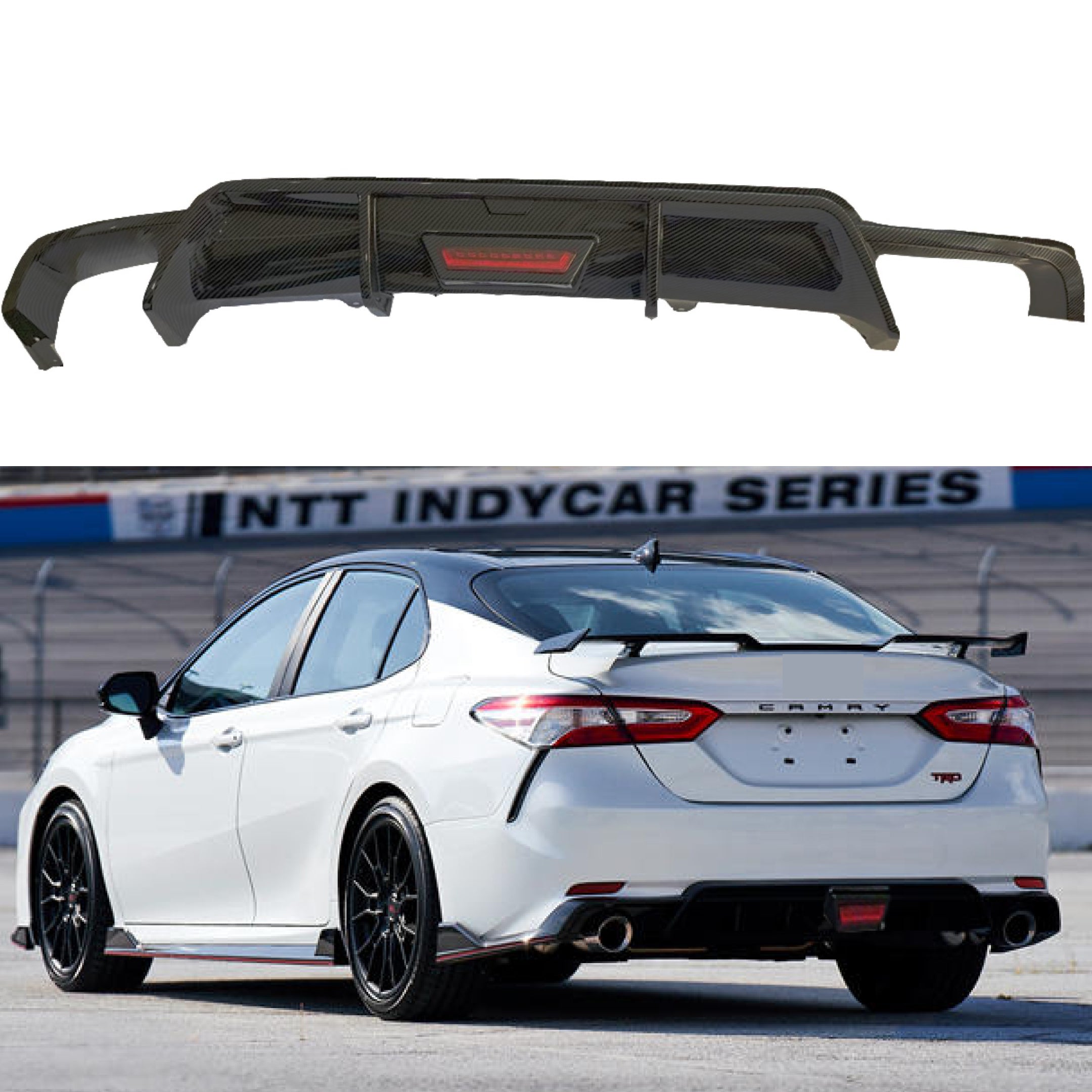Fit 2018-2023 Toyota Camry Rear Bumper Lower Diffuser Spoiler with LED Light (Carbon Fiber Print)
