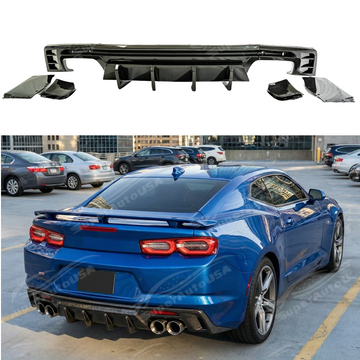 Carbon fiber print rear bumper diffuser lip installed on a 2016 Chevrolet Camaro