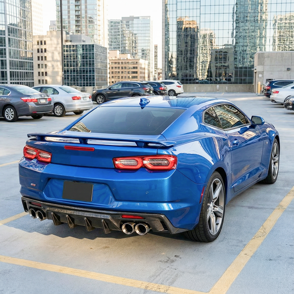 Close-up of the aggressive fins on the carbon fiber print Camaro diffuser lip