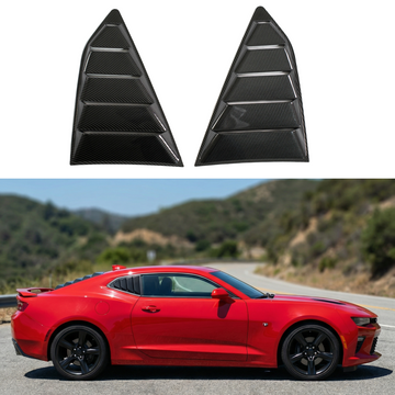 SUPERAUTOUSA carbon fiber print rear window louver sunshade installed on a 2016 Chevrolet Camaro