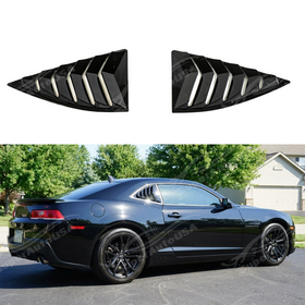 Gloss black rear window louver sunshade installed on a 2010 Chevrolet Camaro