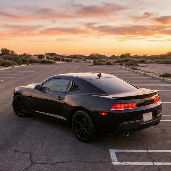 Direct rear view of the gloss black sunshade window louver for 2010-2015 Camaro