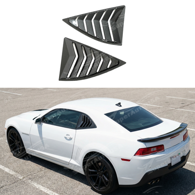 Carbon fiber print rear window louver sunshade installed on a 2010 Chevrolet Camaro