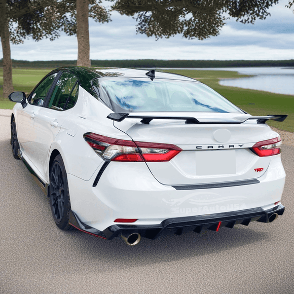 Rear view of the 2018-2024 Toyota Camry showcasing the Rear Lower Bumper Wing Lip Diffuser, part of the comprehensive car & truck body kit.