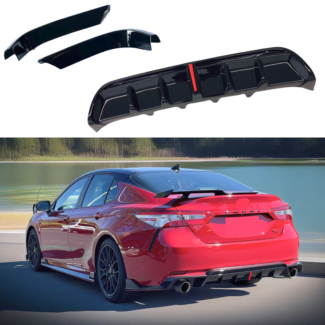 2018-2024 Toyota Camry equipped with TRD Style Gloss Black Rear Lip Bumper Diffuser Spoiler Cover Kit, enhancing aerodynamics and style.