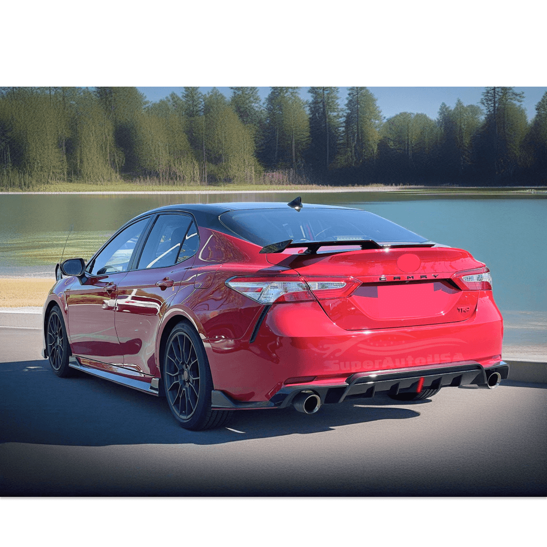 Installation view of the Car Rear Bumper Cover Lip Add On Diffuser on the Toyota Camry, highlighting the anti-collision and anti-crush features.