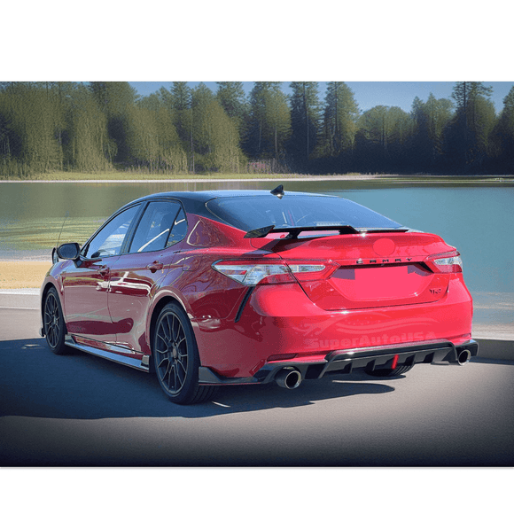 Installation view of the Car Rear Bumper Cover Lip Add On Diffuser on the Toyota Camry, highlighting the anti-collision and anti-crush features.