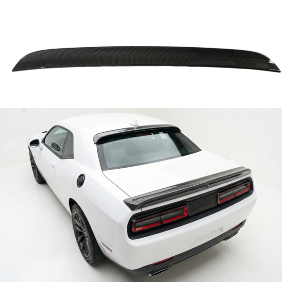 Carbon fiber print rear roof spoiler wing installed on a 2015 Dodge Challenger
