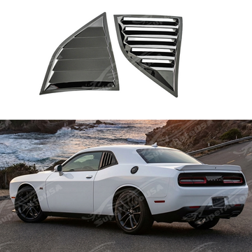 Full set of gloss black rear and side window louvers installed on a 2015 Dodge Challenger