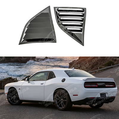 Full set of gloss black rear and side window louvers installed on a 2015 Dodge Challenger