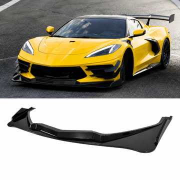 Extended front bumper lip splitter with adjustable stainless steel support rods installed on a Chevy Corvette C8 Stingray