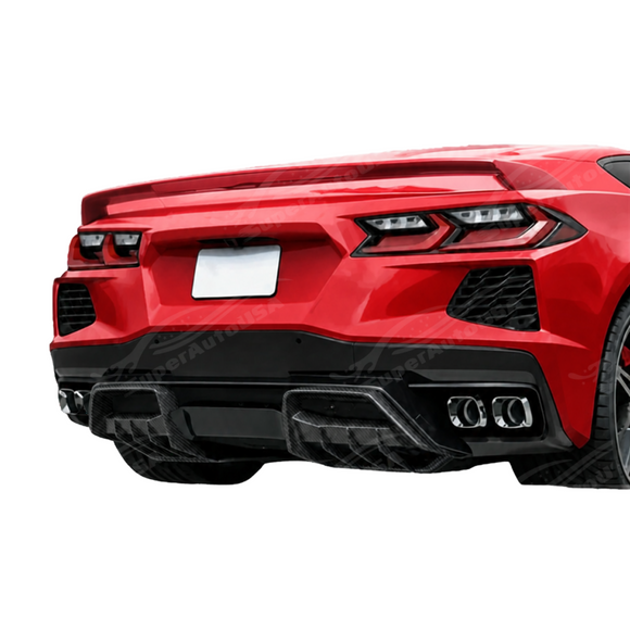 Gloss black 2-piece rear diffuser fins providing sharp motorsport contrast on a Torch Red Corvette C8 Z51