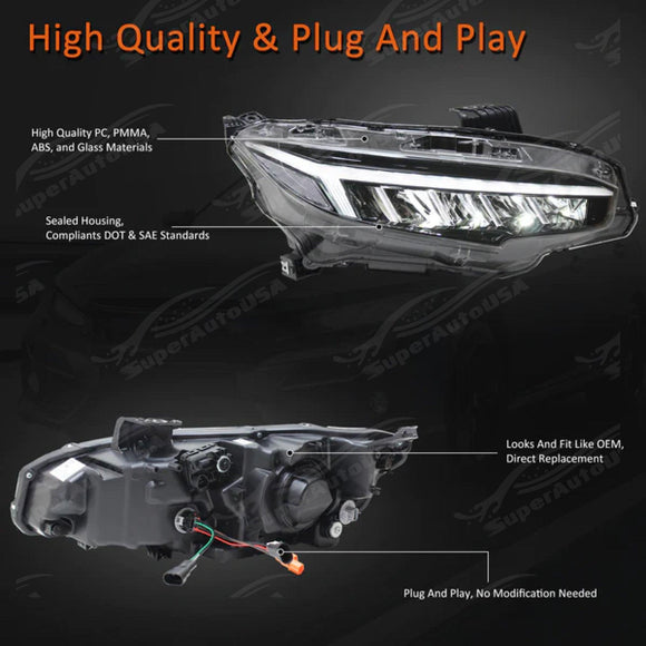 Fits Honda Civic 2016-2021 LED Head Light Front Lamps Pair Sequential Assembly