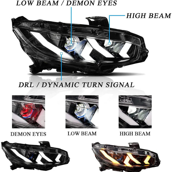 Fits Honda Civic 2016-2021 Demon Eye Head Light Front Lamps Assembly