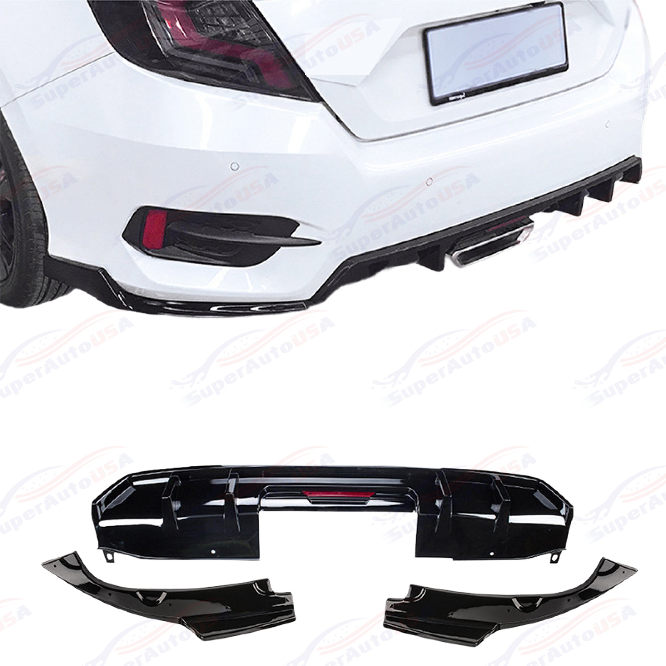 Fits 2016-2021 Honda Civic Sport Sedan Rear Bumper Lip Spoiler Diffuser LED Rear Corners