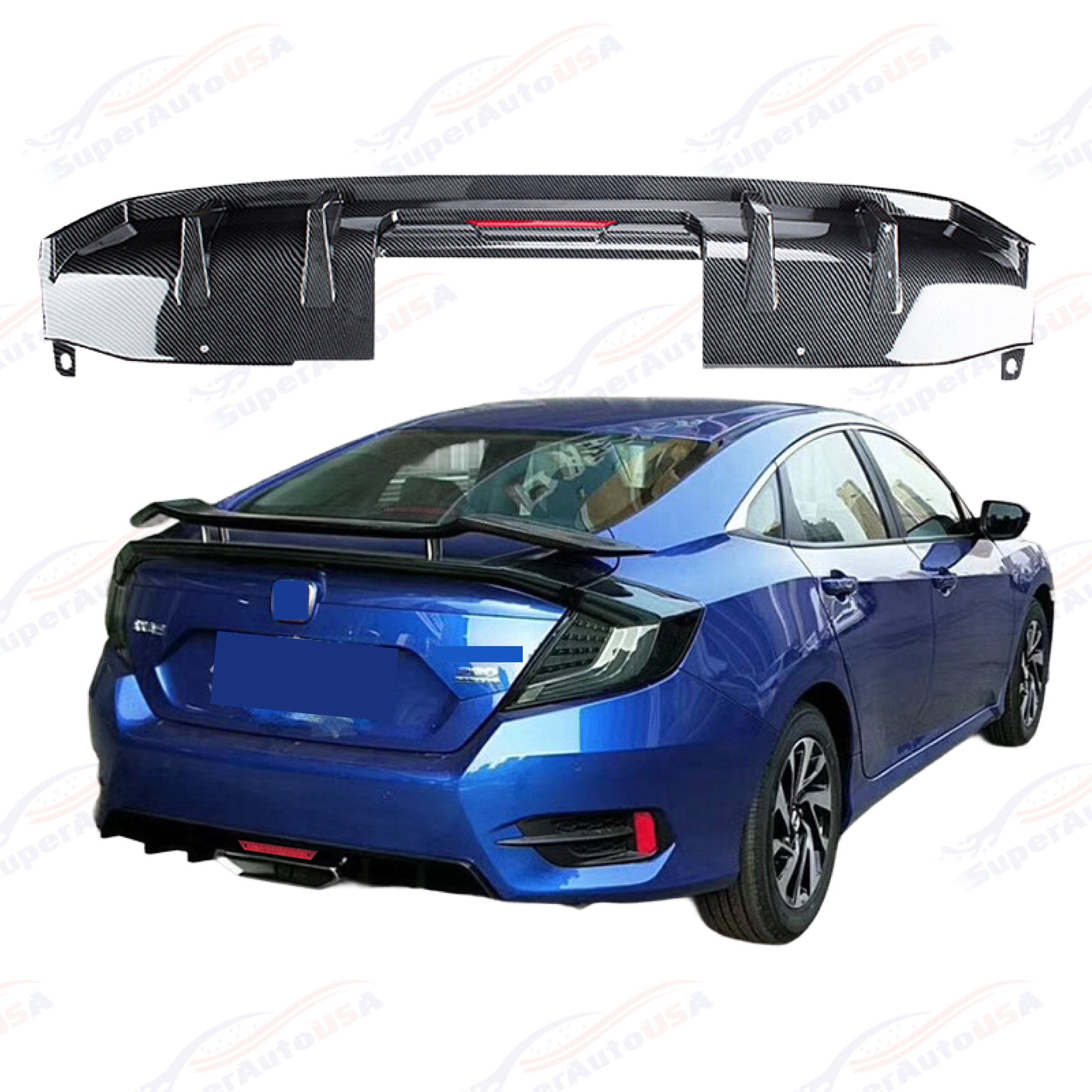 Comprar carbon-fiber-print Se adapta a 2016-2021 Honda Civic Sport Sedan parachoques trasero alerón difusor LED luz