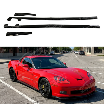 ZR1 style gloss black side skirt rocker panel installed on a 2005 Chevrolet Corvette C6