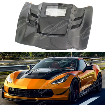 SuperAutoUSA real carbon fiber assembly car hood on a 2014 Chevrolet Corvette C7