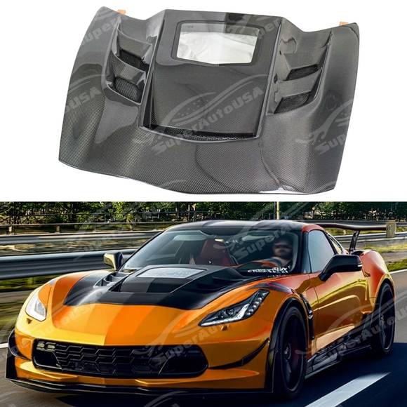 SuperAutoUSA real carbon fiber assembly car hood on a 2014 Chevrolet Corvette C7