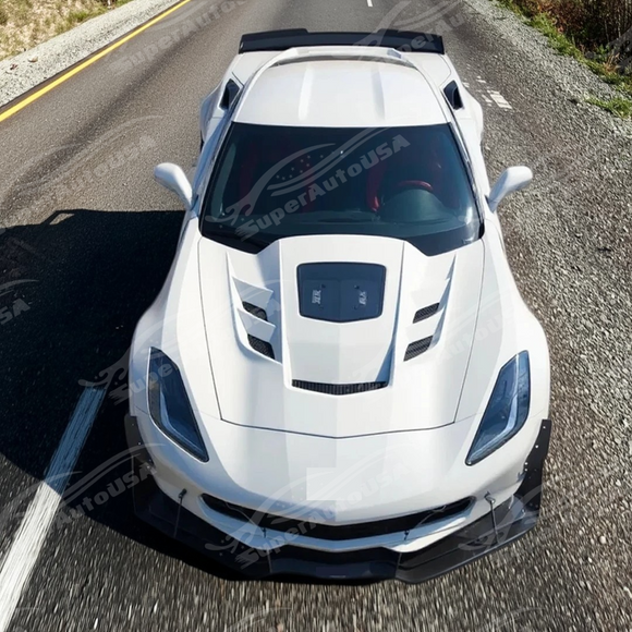 Full front view of a 2016 Chevrolet Corvette C7 with new SuperAutoUSA hood