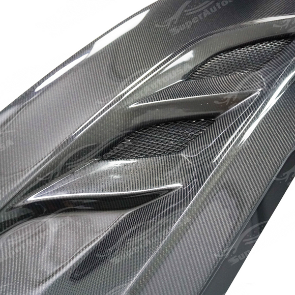 SuperAutoUSA carbon fiber hood integrated on a black Chevrolet Corvette C7