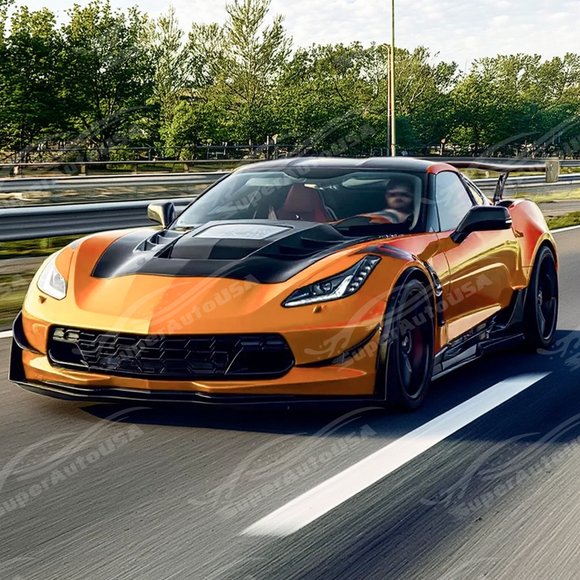 Underside view of uninstalled SuperAutoUSA carbon fiber hood showing mounting points