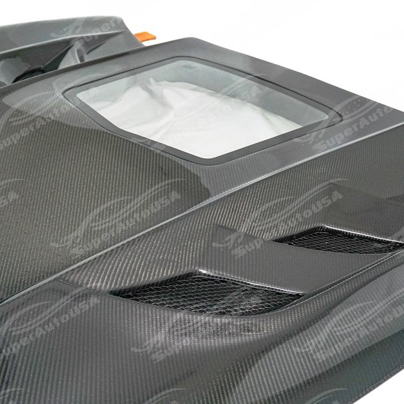 Uninstalled SuperAutoUSA real carbon fiber assembly car hood, top view